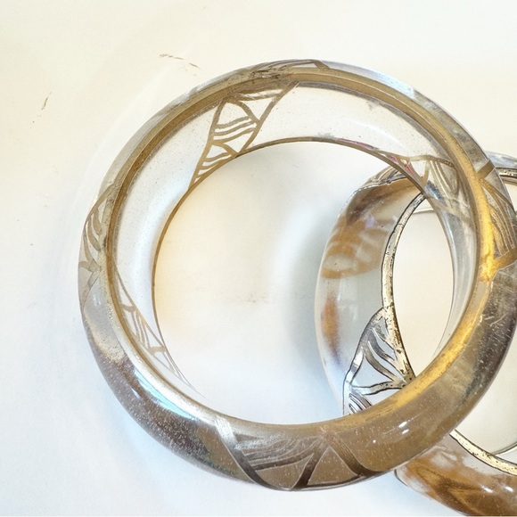 Vintage Silver Gold Embellished Clear Lucite Bangle Bracelet Set - Picture 4 of 12